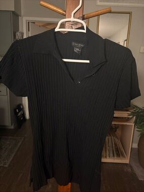 Women's Black Ribbed Polo Top